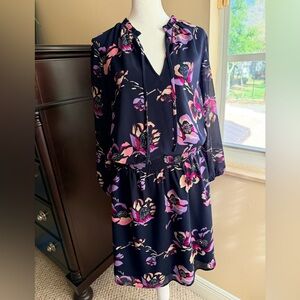 J. Crew Navy Floral Long-Sleeve Tie-Neck Dress